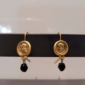 Roman Emperor Inspired Earrings, Bronze color, black glass bead drop, 3/4"